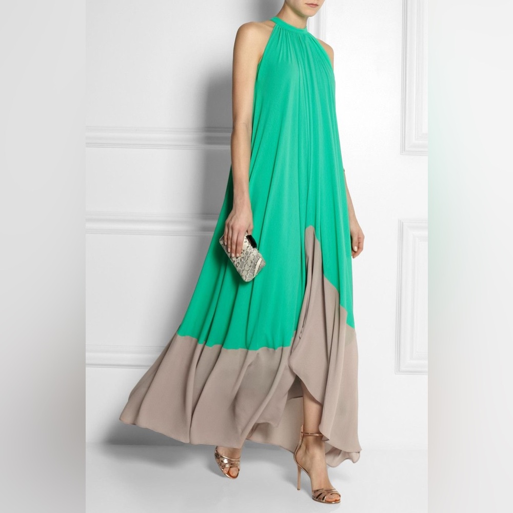 SALONI Iris Maxi Dress Mint Green and Tan Khaki Halter size 2